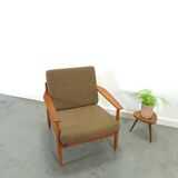 Teak Scandinavische fauteuil met bruin stoffen kussens, stoel 2