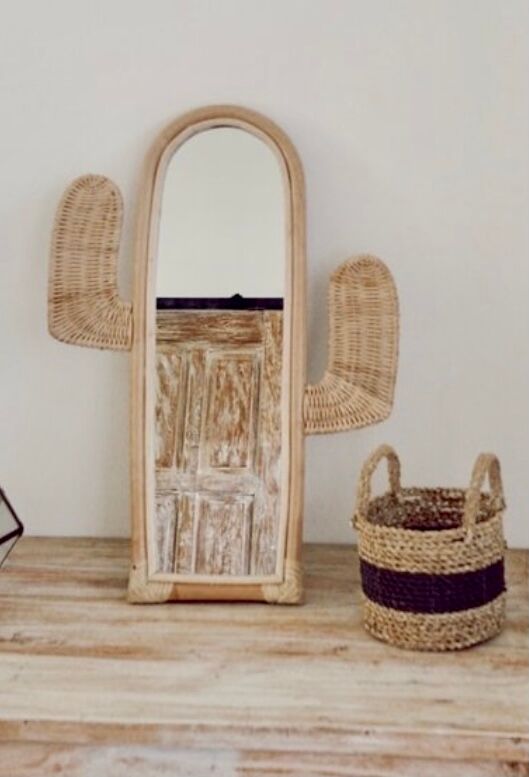 Cactus mirror in rattan and vintage bohemian canning  42x60cm