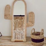 Cactus mirror in rattan and vintage bohemian canning  42x60cm