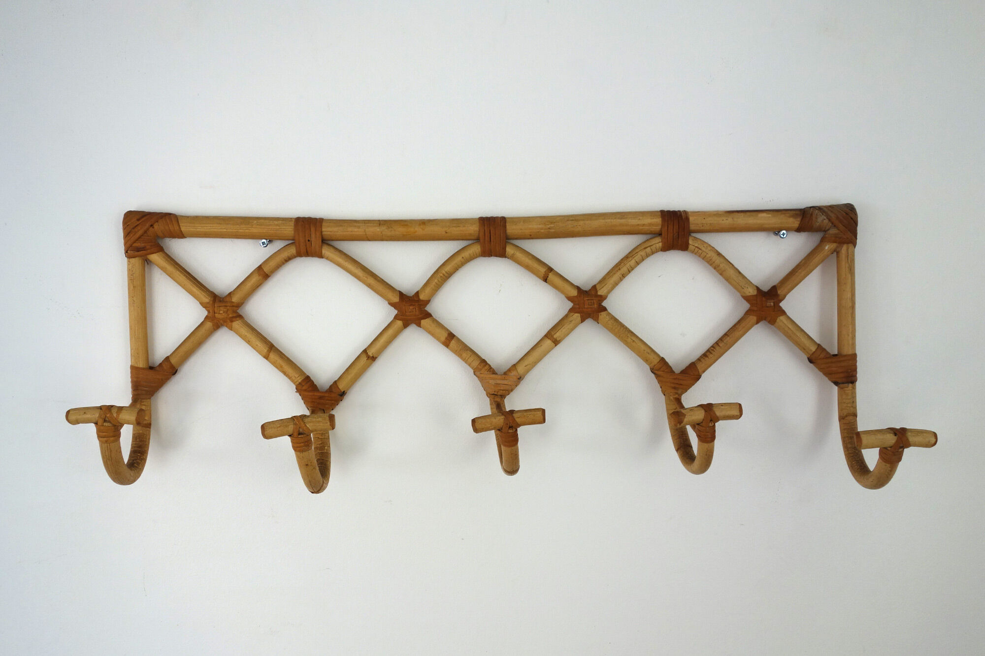 Vintage rattan coat rack 5 hooks 50s