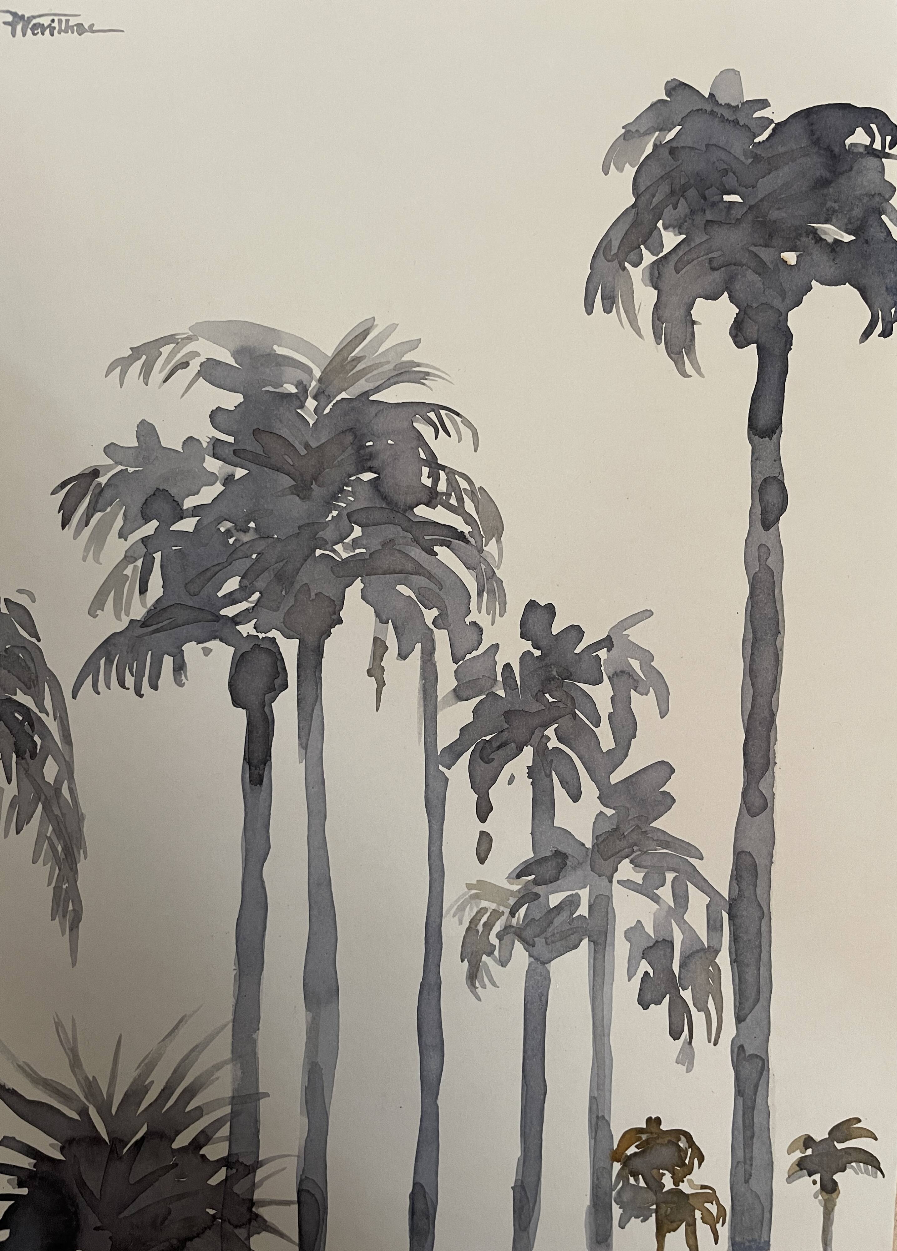 Signed monochrome watercolor painting “sunset over the palm trees”