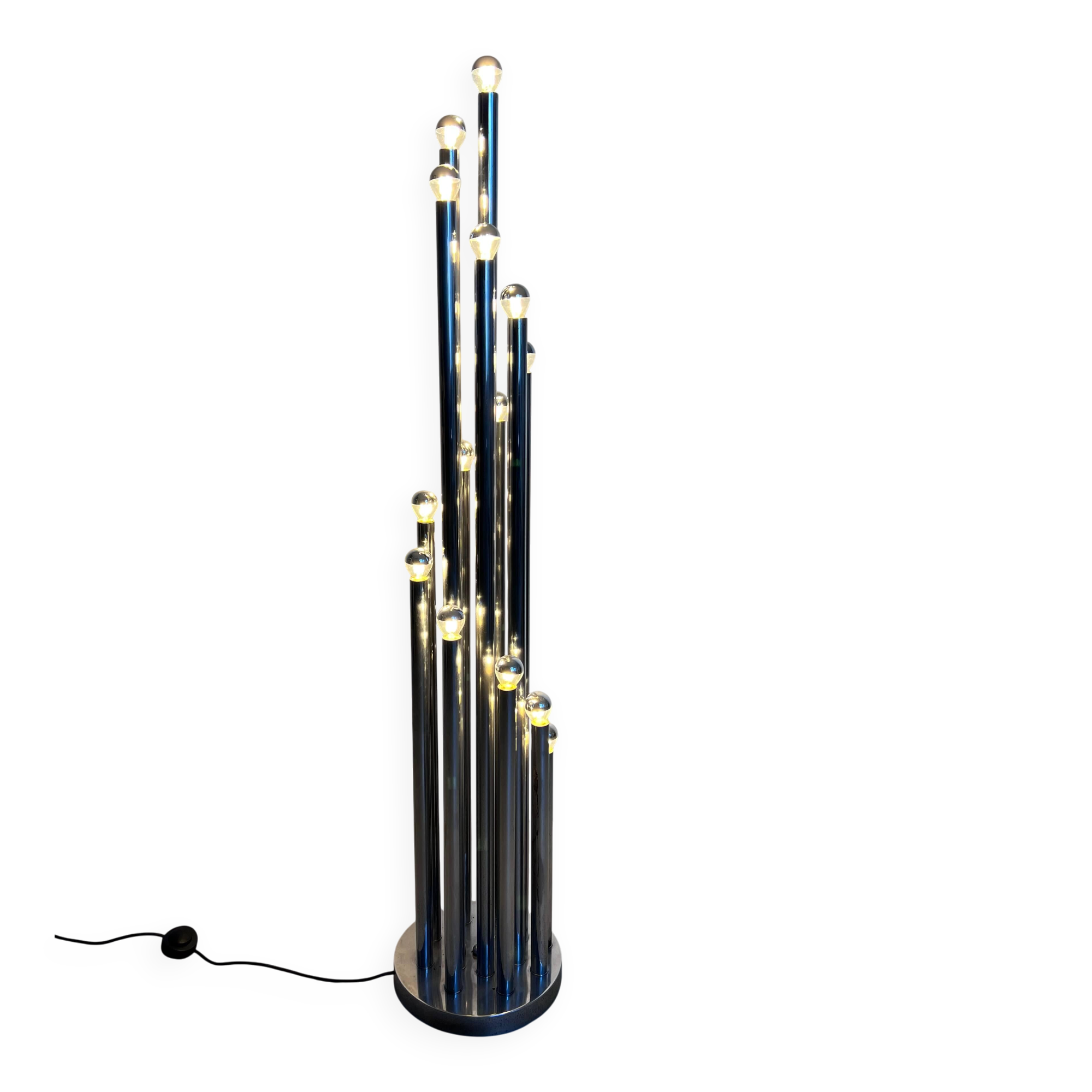 Vintage 1970s Italian Reggiani Fourteen Lights Chromed Floor Lamp