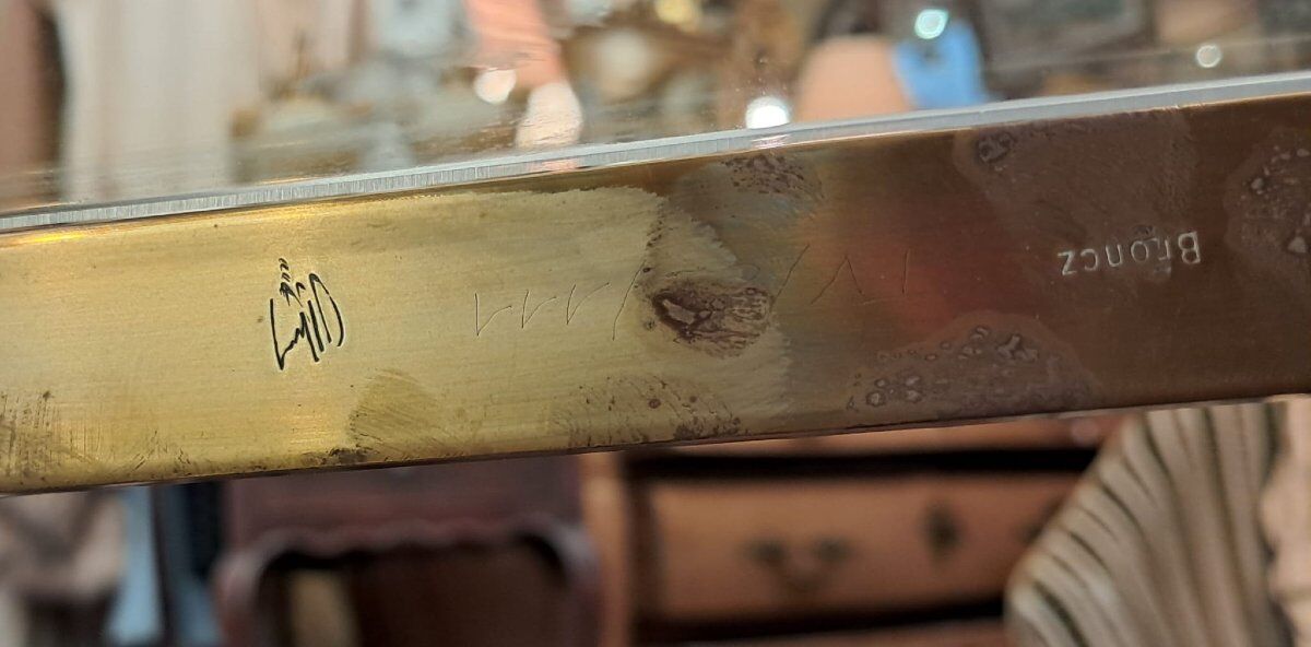 Jacques Quinet for Broncz, wheeled cart in bronze and glass, 20th century.