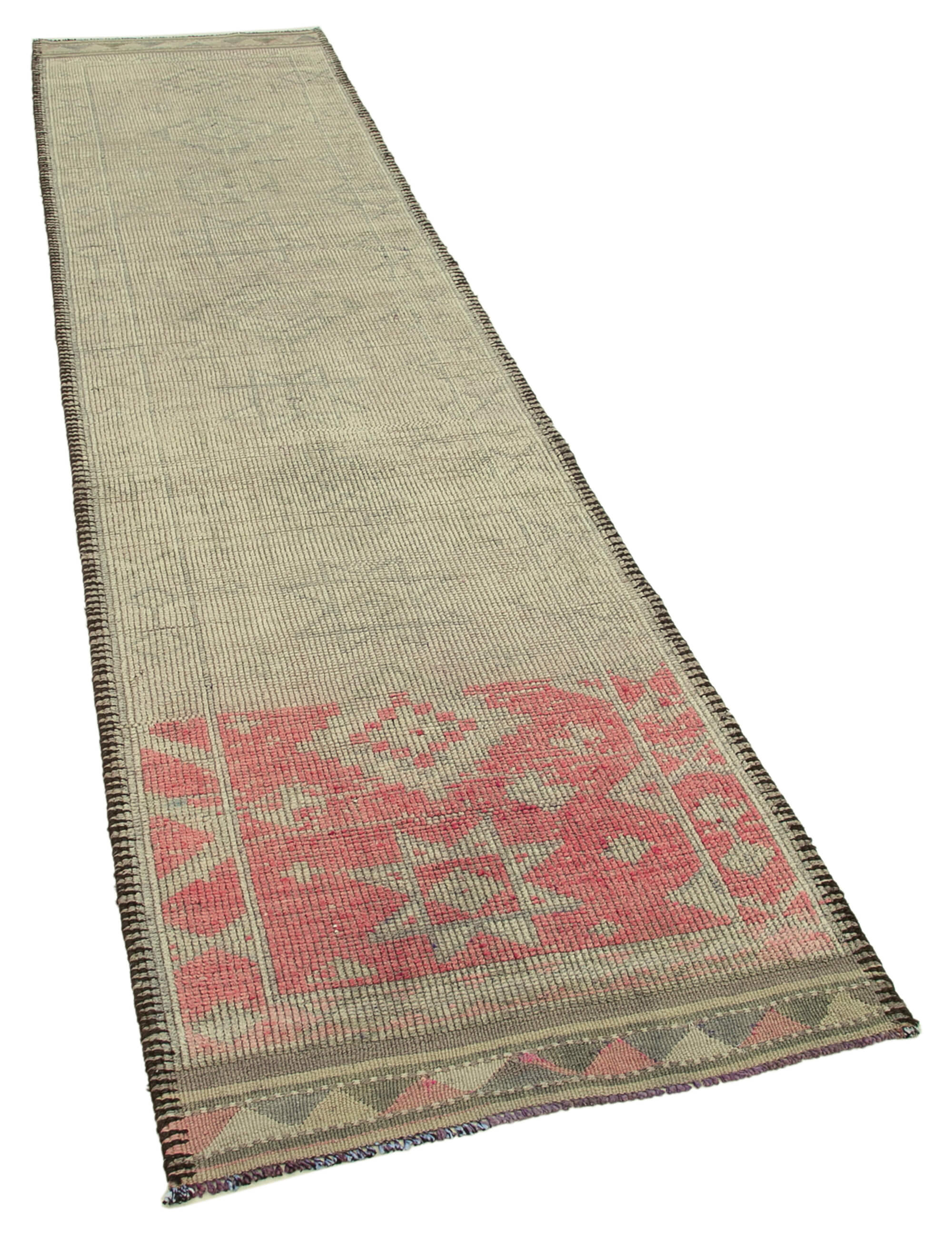 Hand-knotted vintage turkish beige runner rug 86 cm x 354 cm