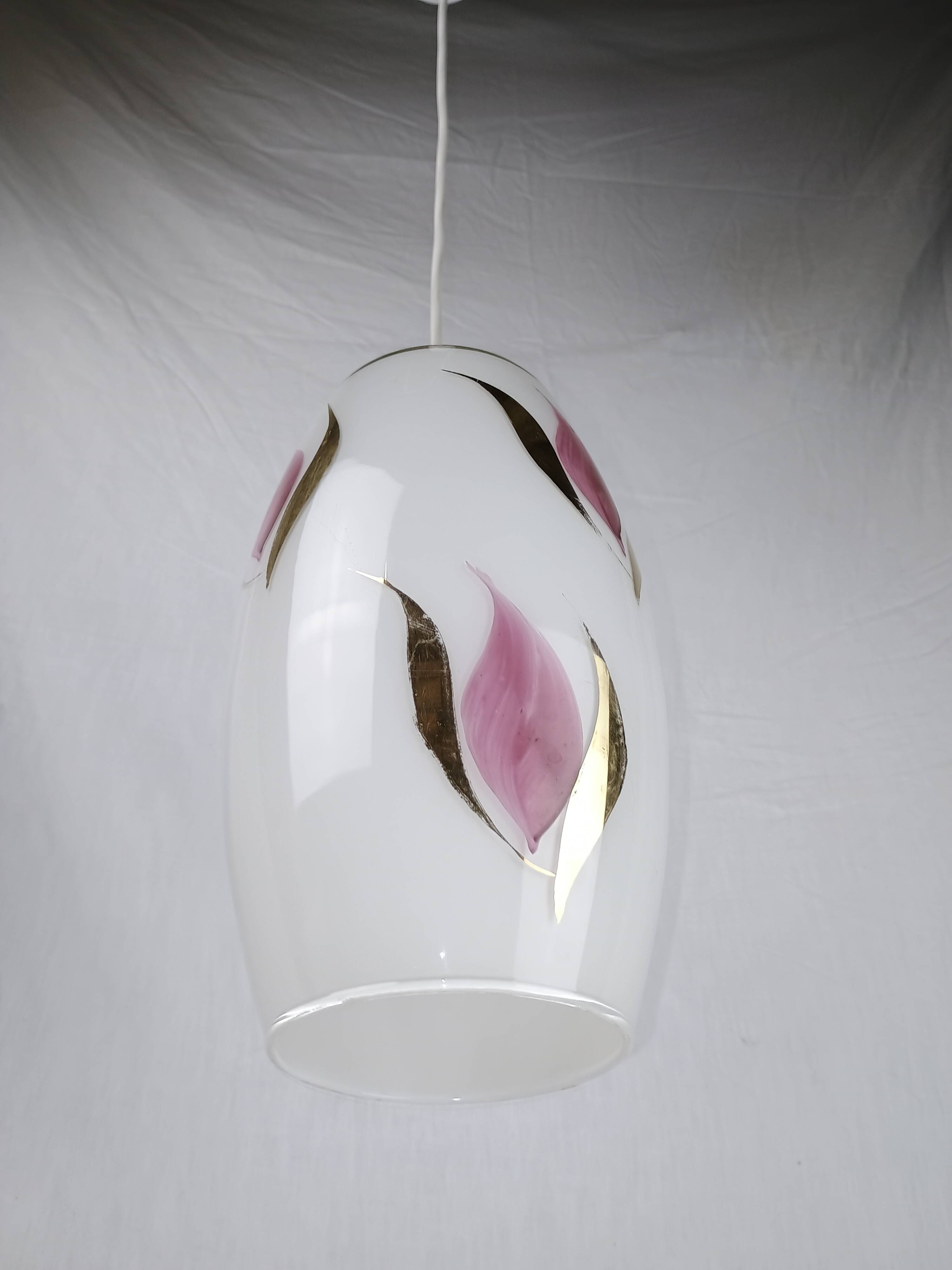 Vintage 1950s Pendant Light, Cream White Glass, Pink and Gold Flower Pattern, ARLUS