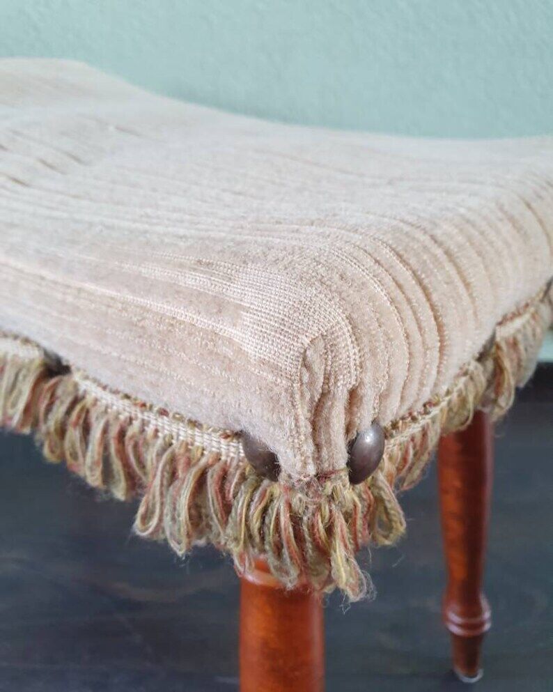 Wooden footrest with fringed fabric upholstery, 1970