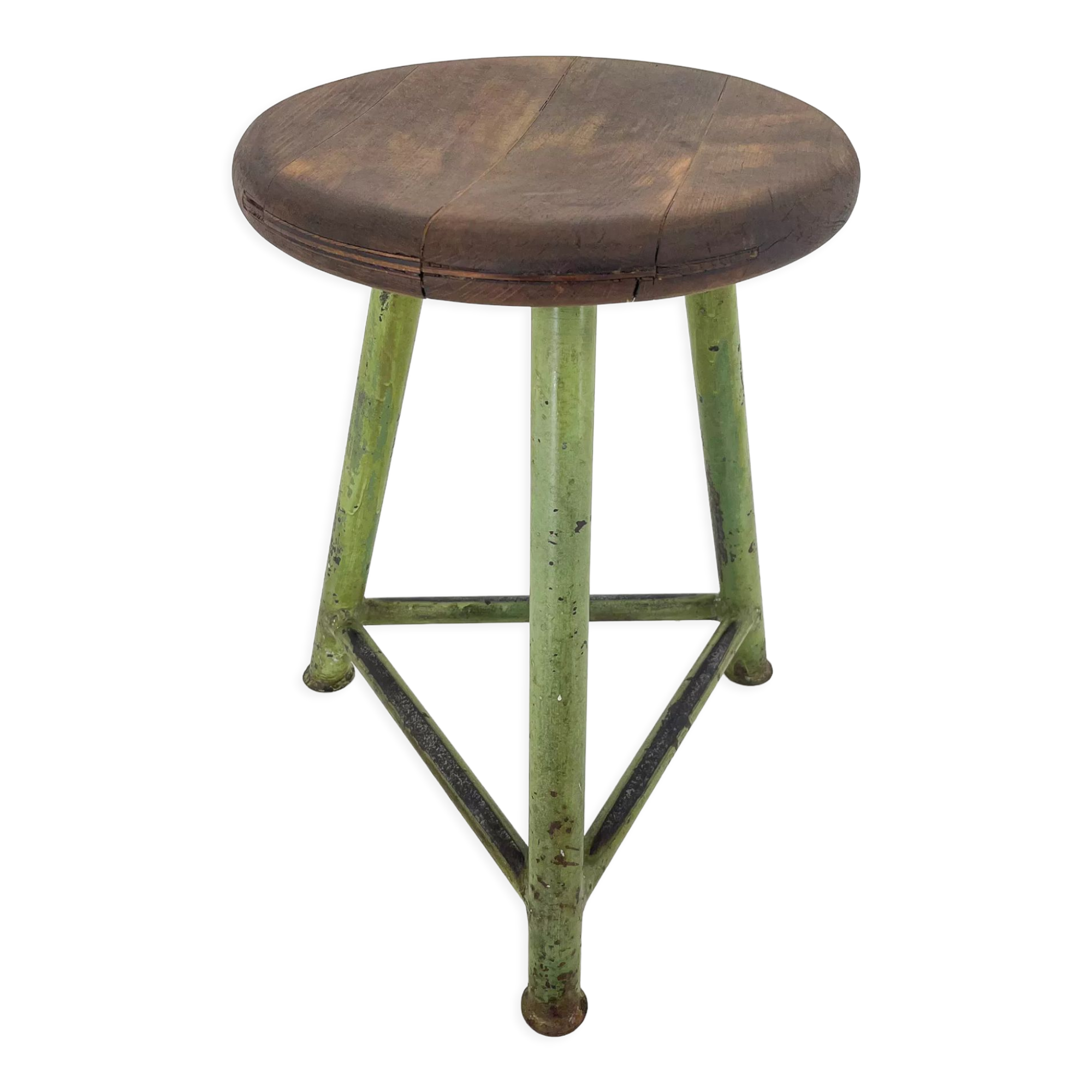Vintage industrial steel & wood tripod stool, 1950's