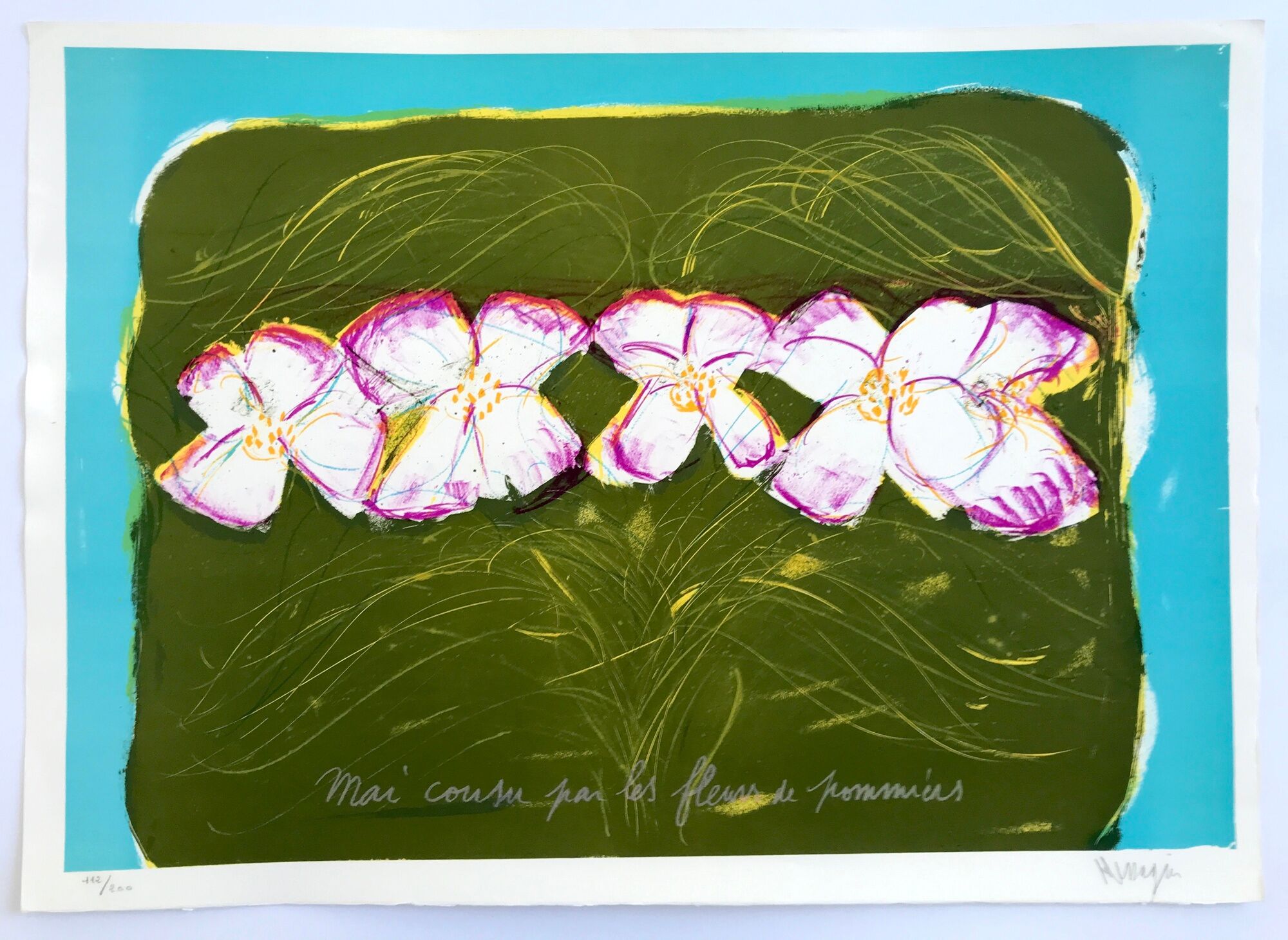 Original lithograph signed by Jean Messagier, May sewn by apple blossoms