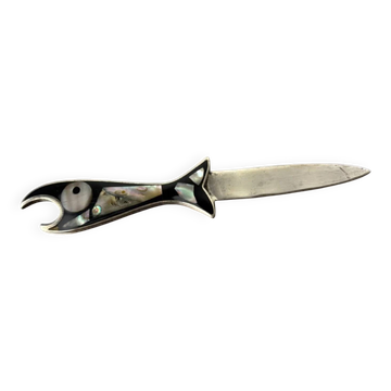 Fish letter opener, abalone shell & alpaca, Mexico, 1980s