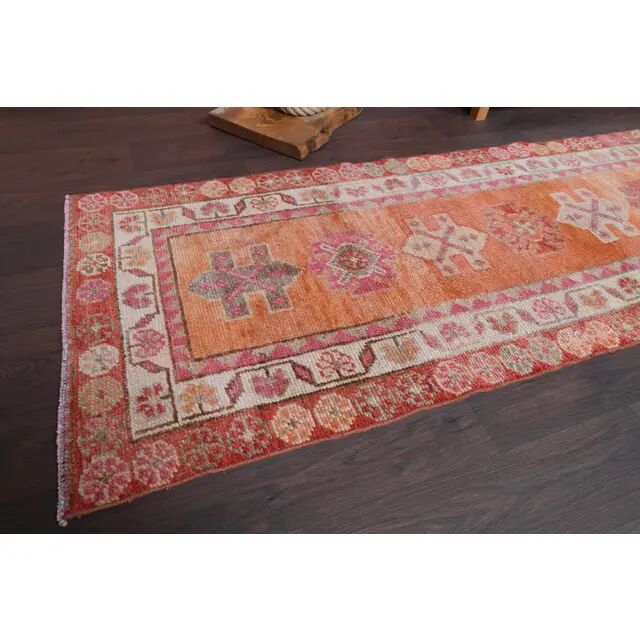 Vintage Turkish Oushak Handmade Wool Cotton Orange Runner Rug 80x372