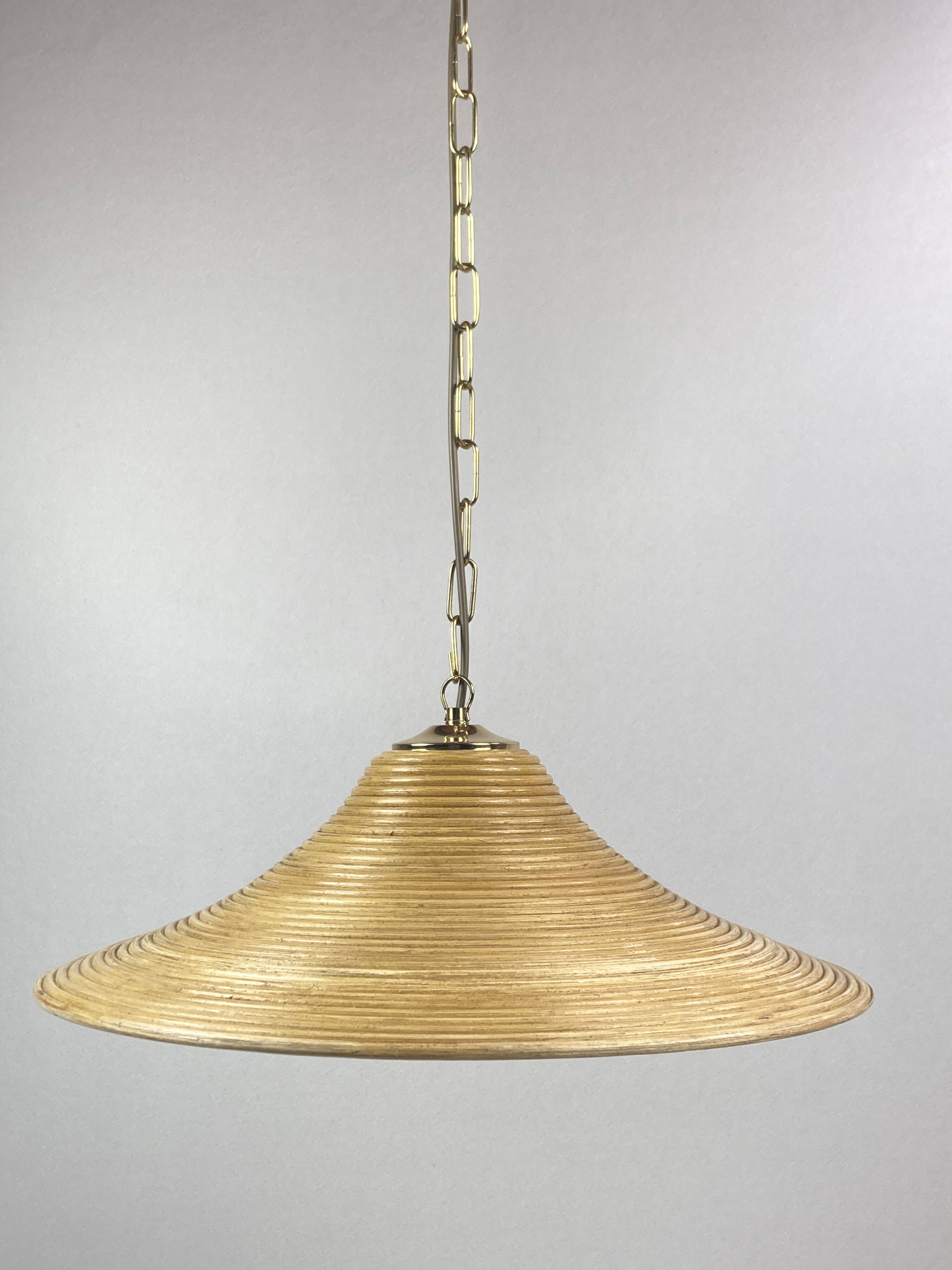 Pencil Split Reed, Rattan, Bamboo & Brass Pendant hanging lamp, Italy, 1970s