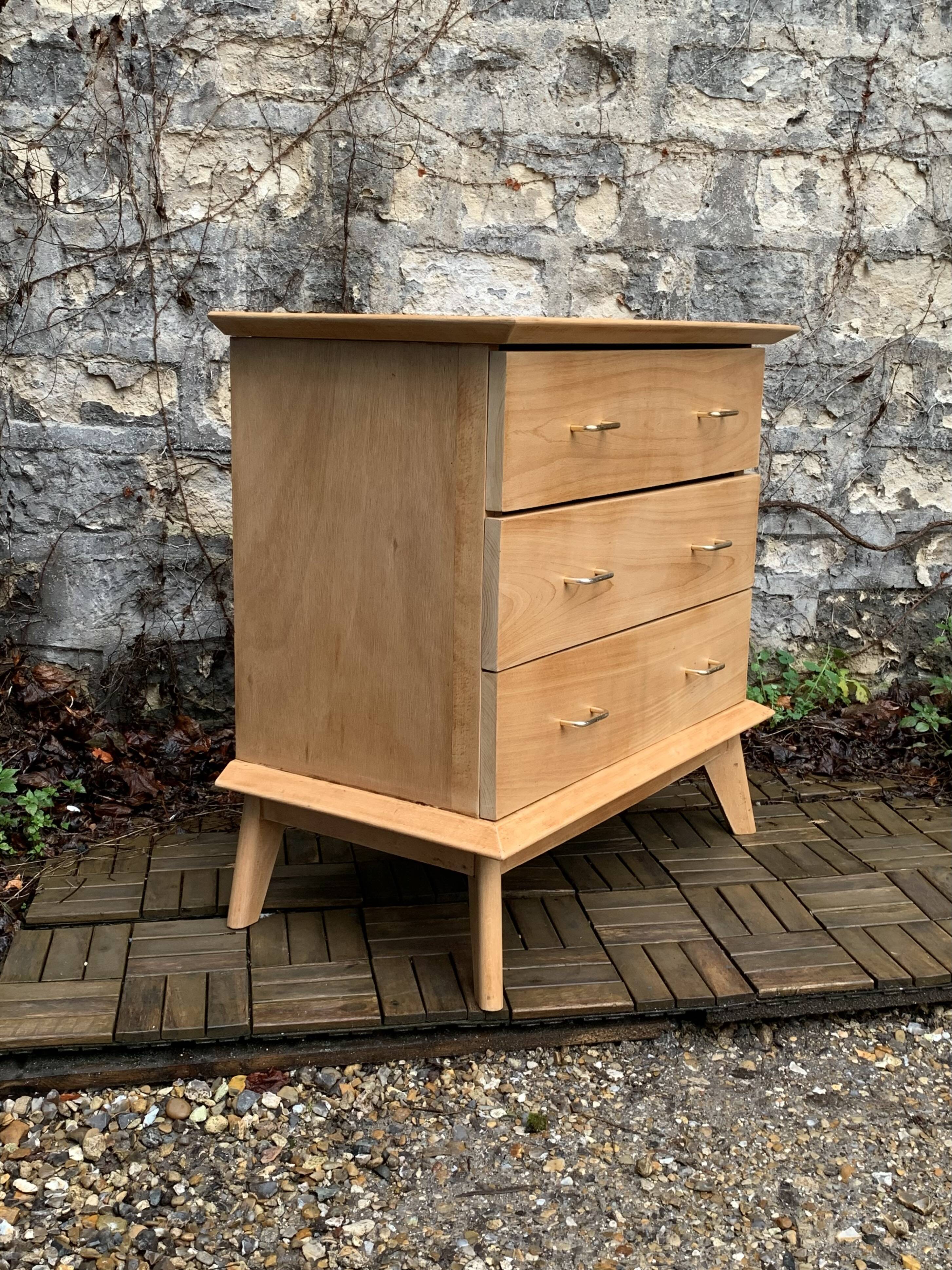 Vintage chest of drawers with compass feet, solid raw beech, 1960s