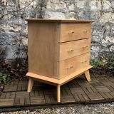 Vintage chest of drawers with compass feet, solid raw beech, 1960s