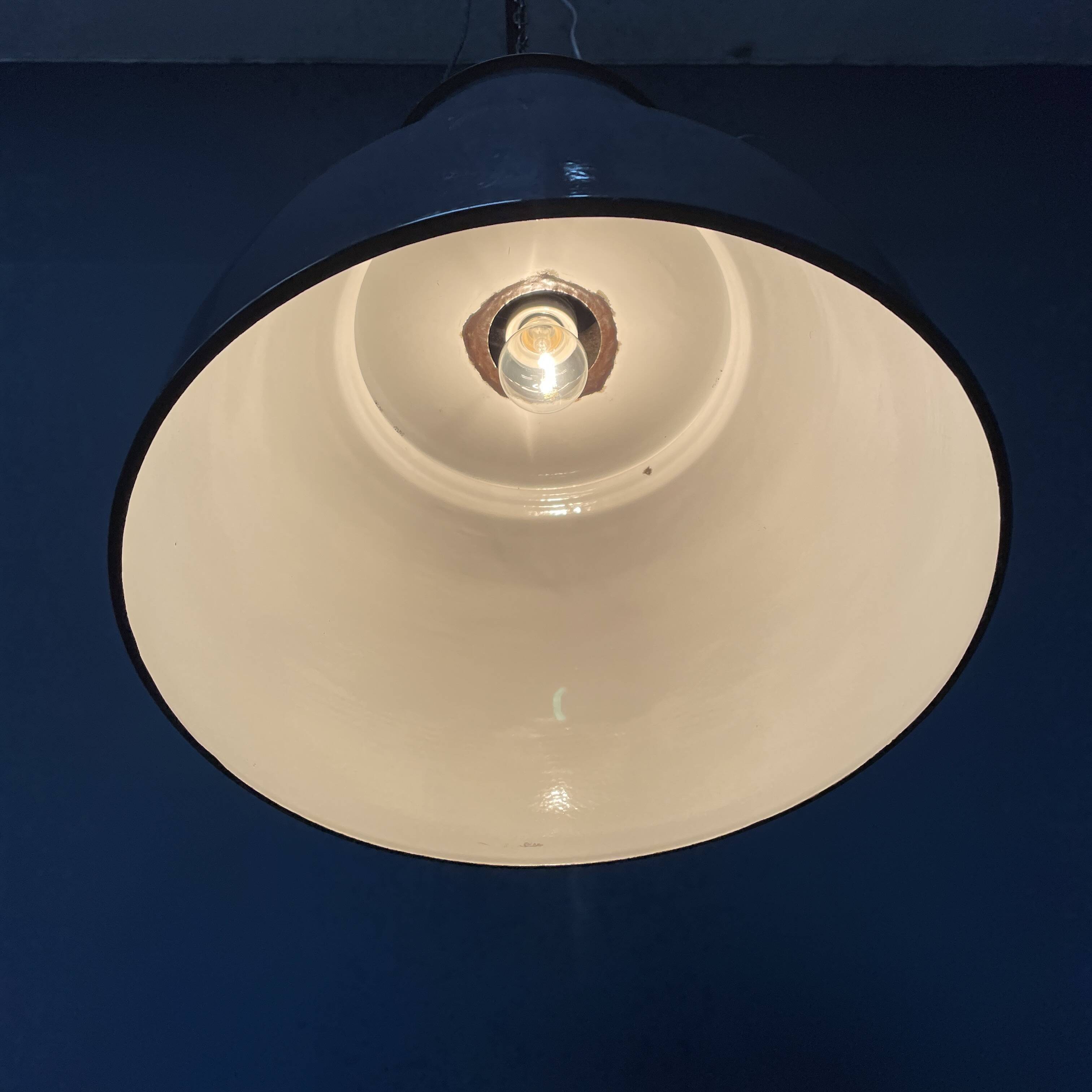 Large old industrial blue-gray enamel pendant lamp