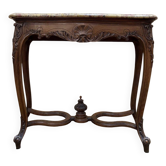 Console Louis XV en noyer massif sculpté, plateau marbre brèche