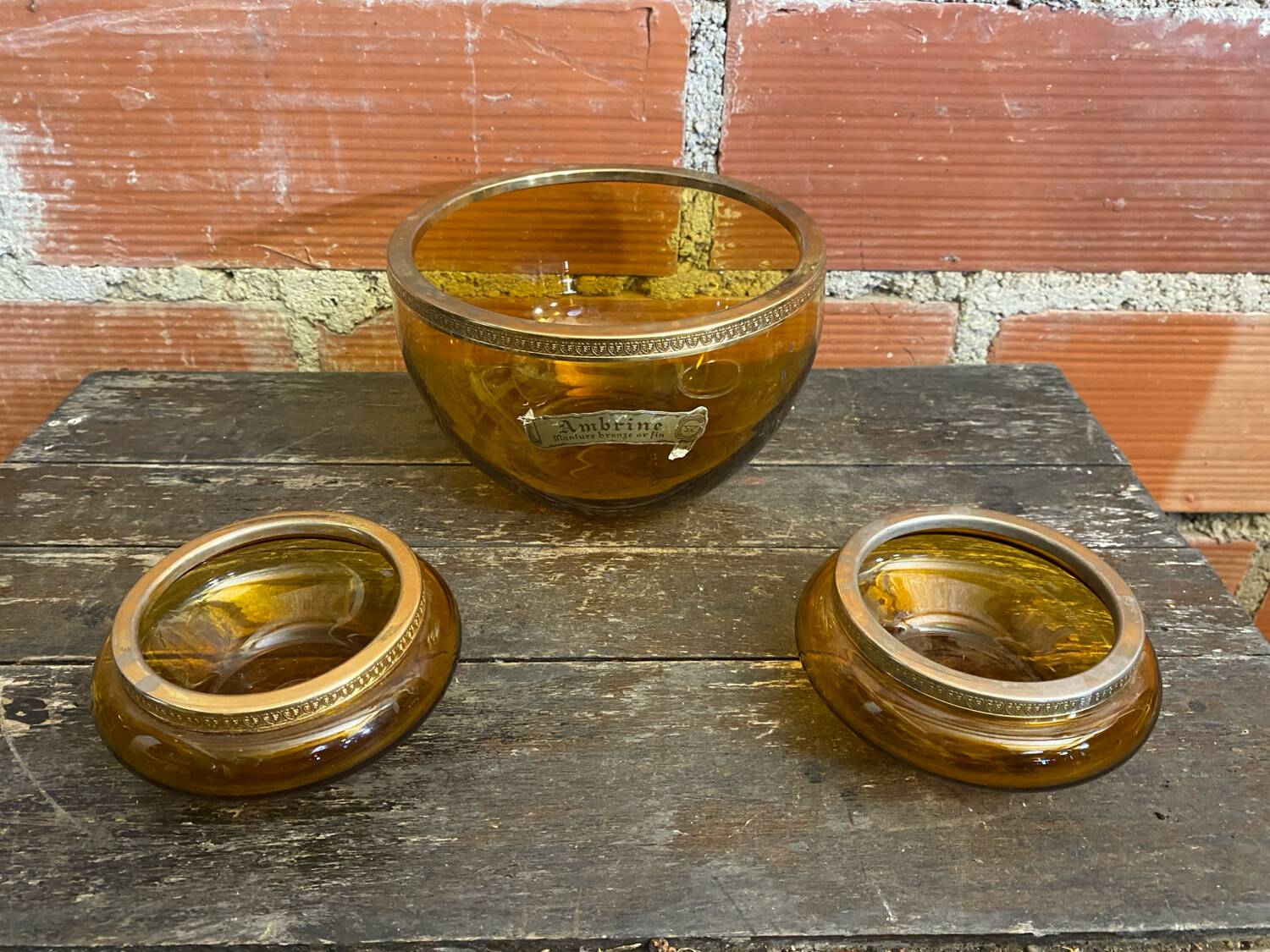 Salad bowl + 2 Antique AMBRINE Bowls Amber Glass + Gold Bronze Mounting
