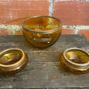 Salad bowl + 2 Antique AMBRINE Bowls Amber Glass + Gold Bronze Mounting