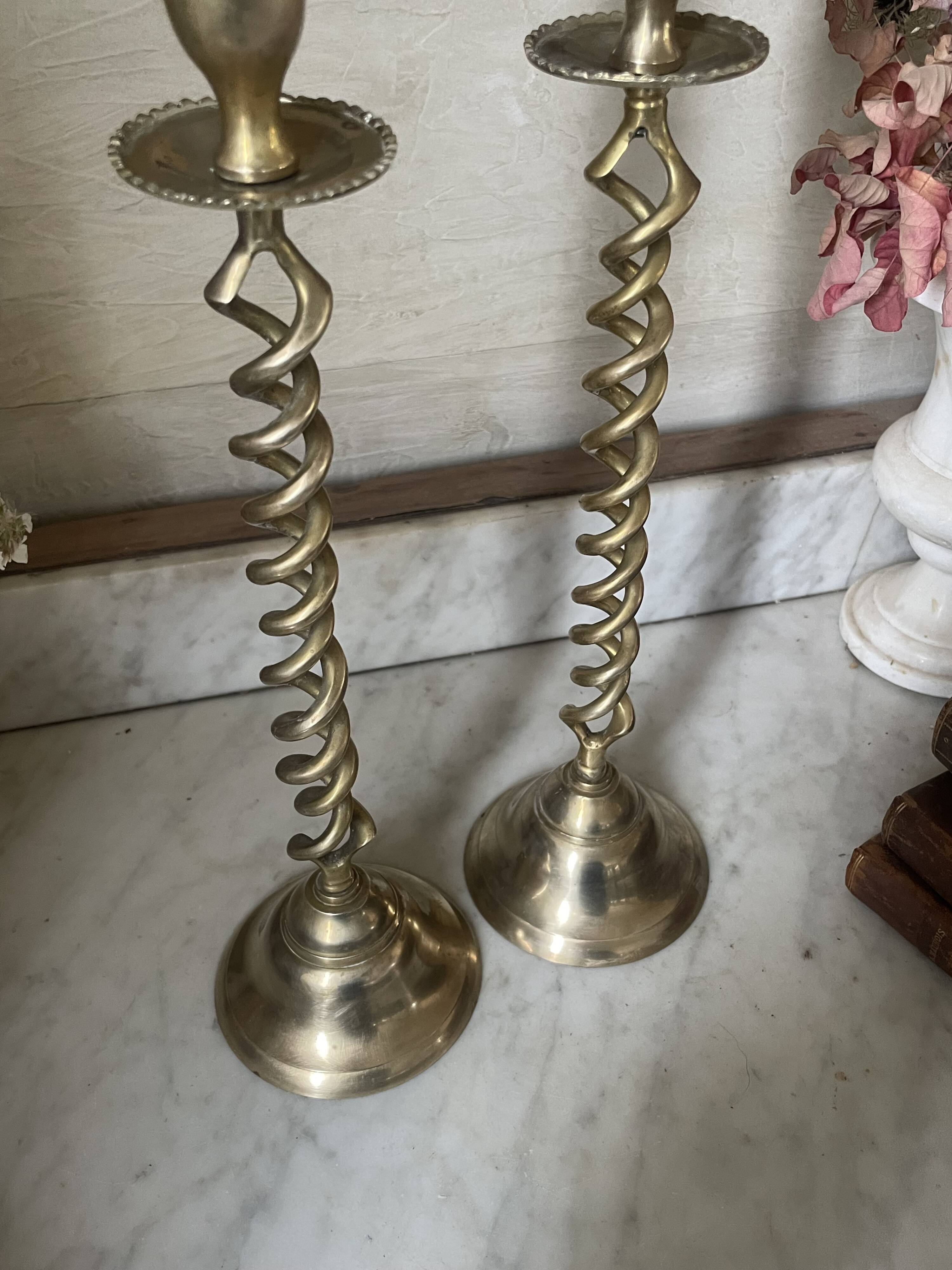 Pair of twisted brass candlesticks 37cm
