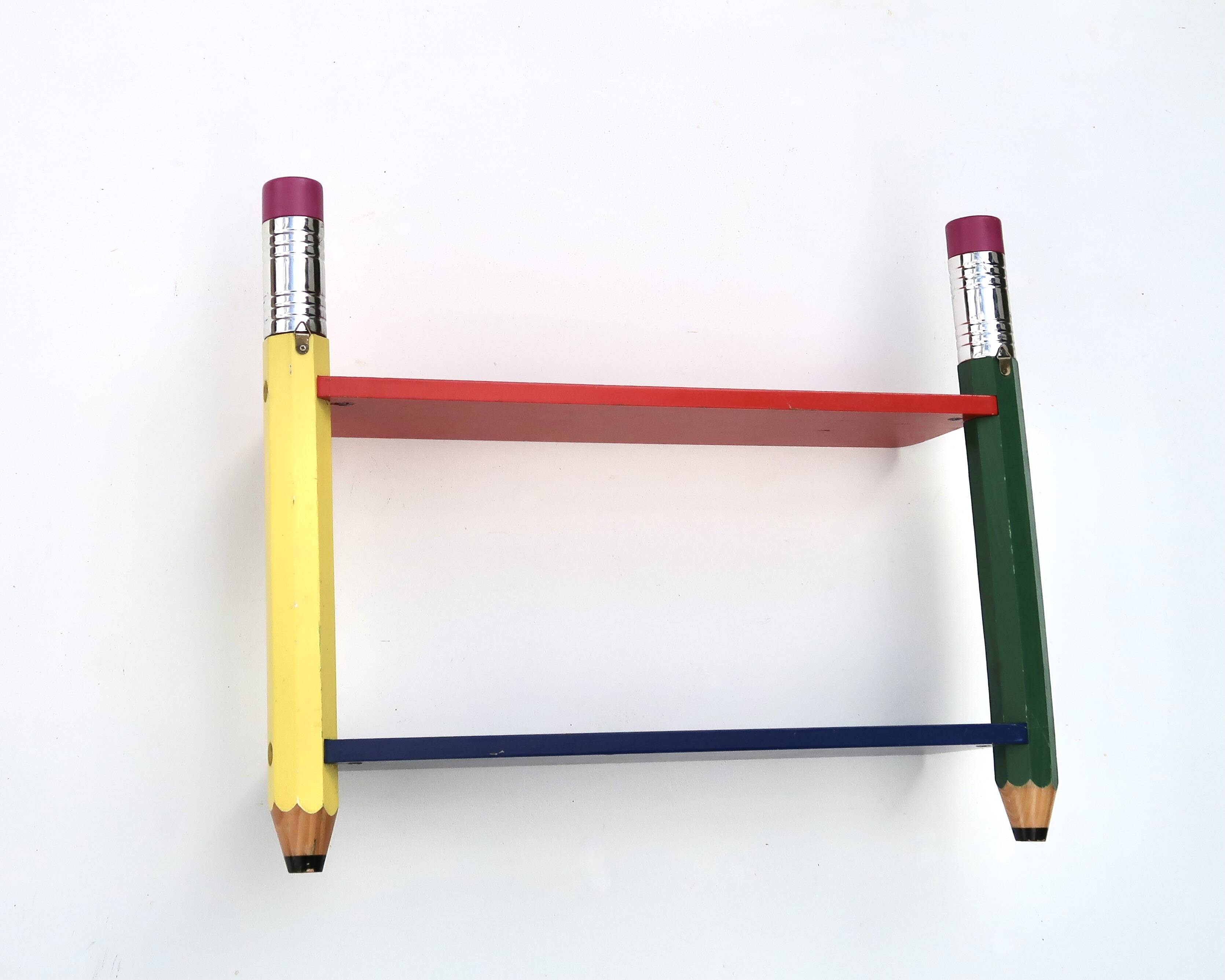 Wall shelf by Pierre Sala with giant pencils, 1980s.