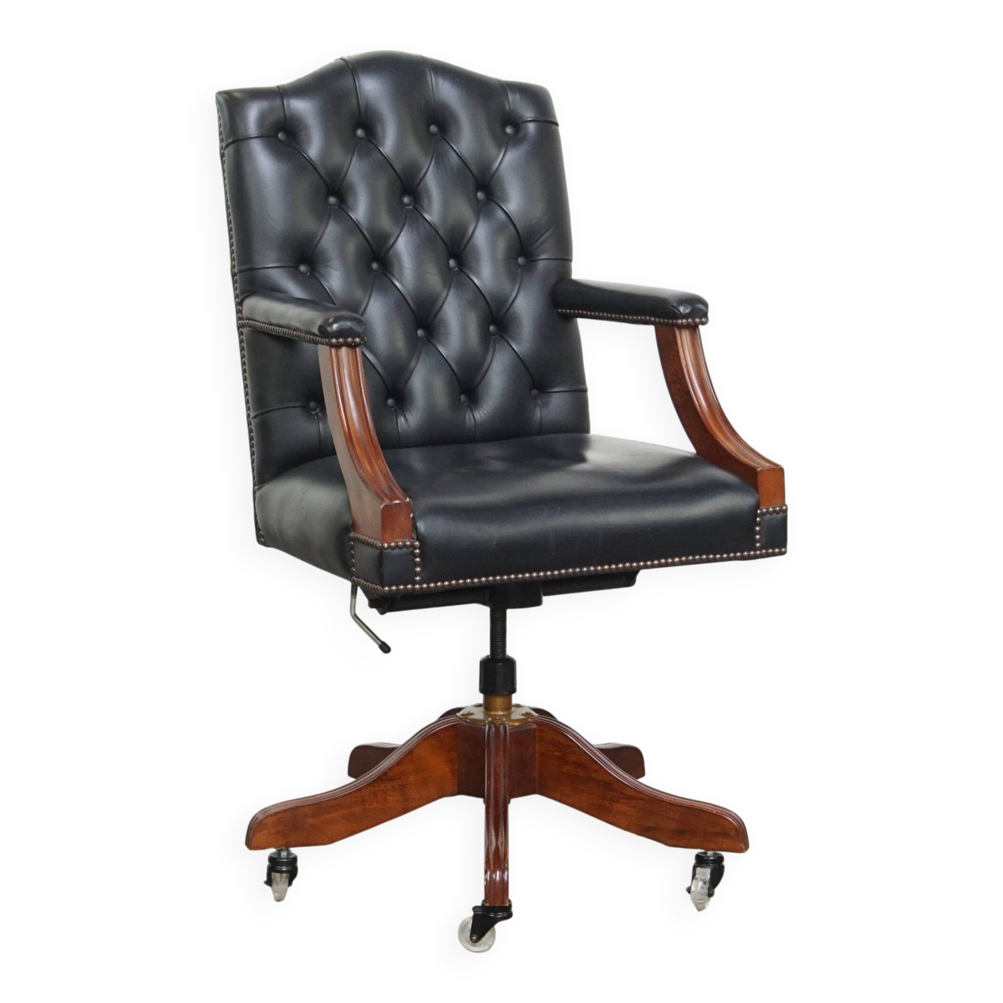 Dark blue/black cowhide leather Chesterfield office chair on wheels
