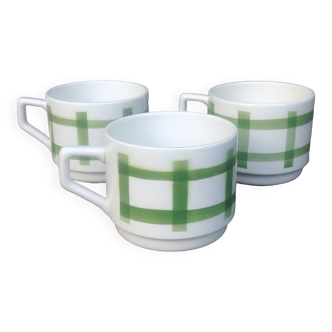 Lot de trois grandes tasses à café en céramique décor écossais vert Vintage.
