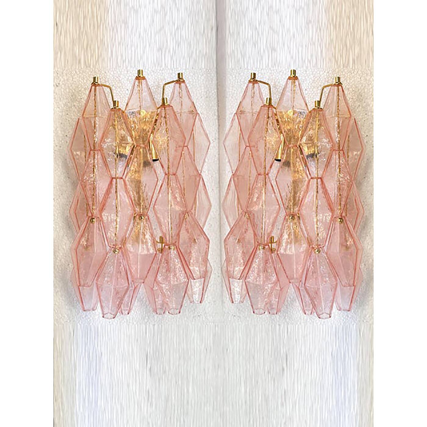 Set of Two Contemporary Pink “Poliedri” Murano Glass Gold 24k Wall Sconces
