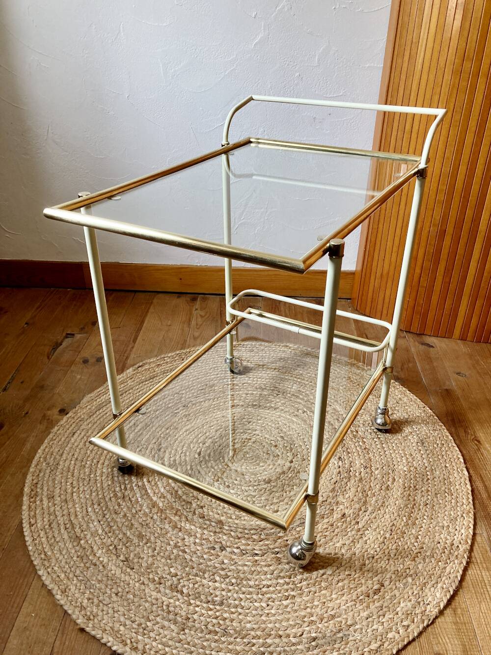 Dessert table with a cream-coloured metal structure and golden brass, 1960s.