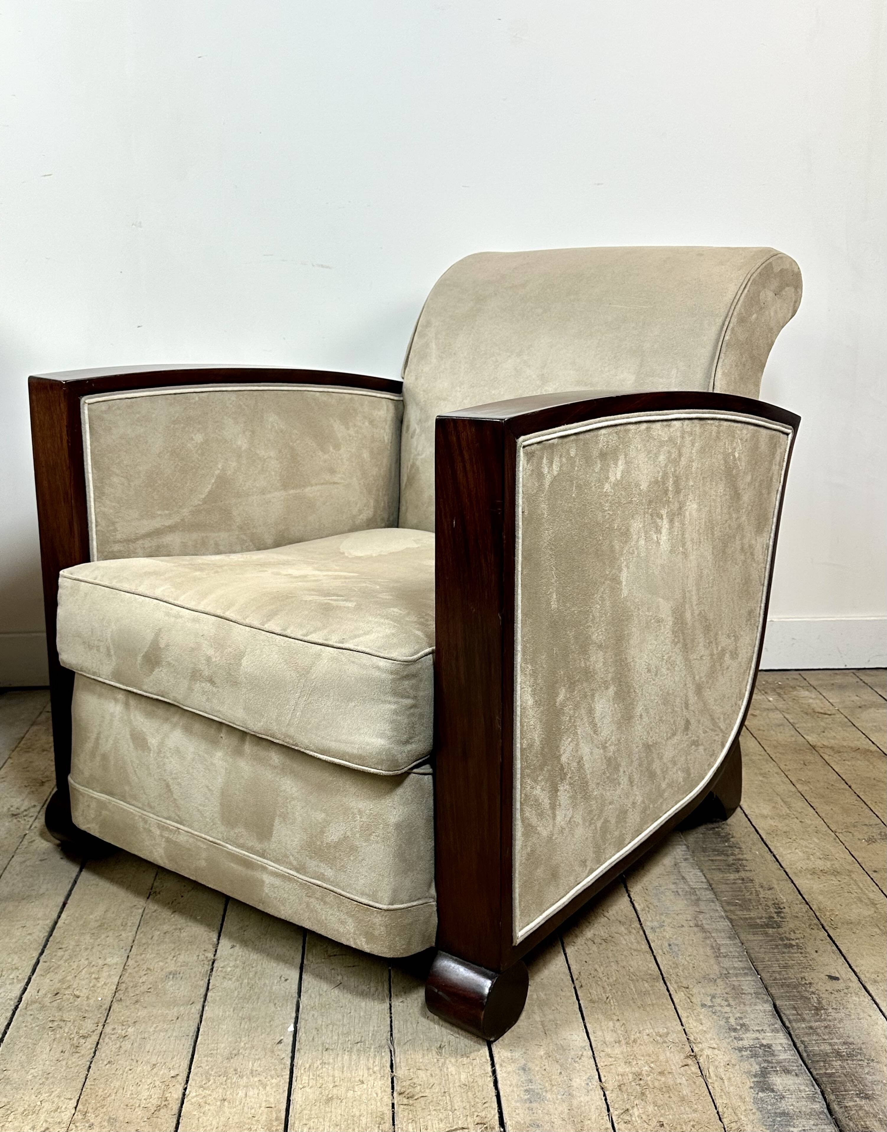 Pair of Art Deco armchairs in rosewood and suede.