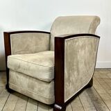 Pair of Art Deco armchairs in rosewood and suede.