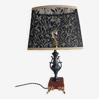 Lampe candélabre en régule et marbre griotte