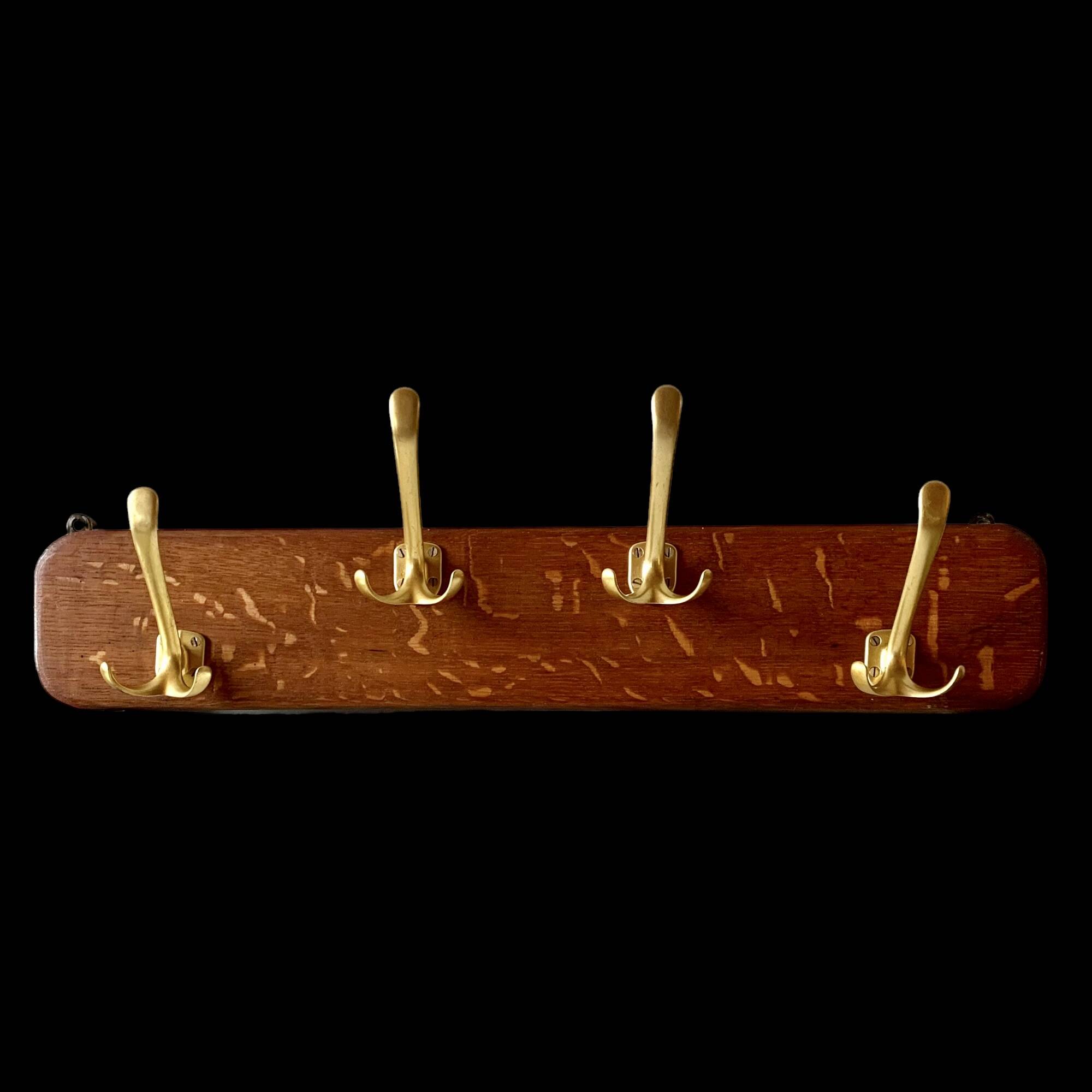 Vintage wooden wall coat rack with 4 double golden aluminum hooks