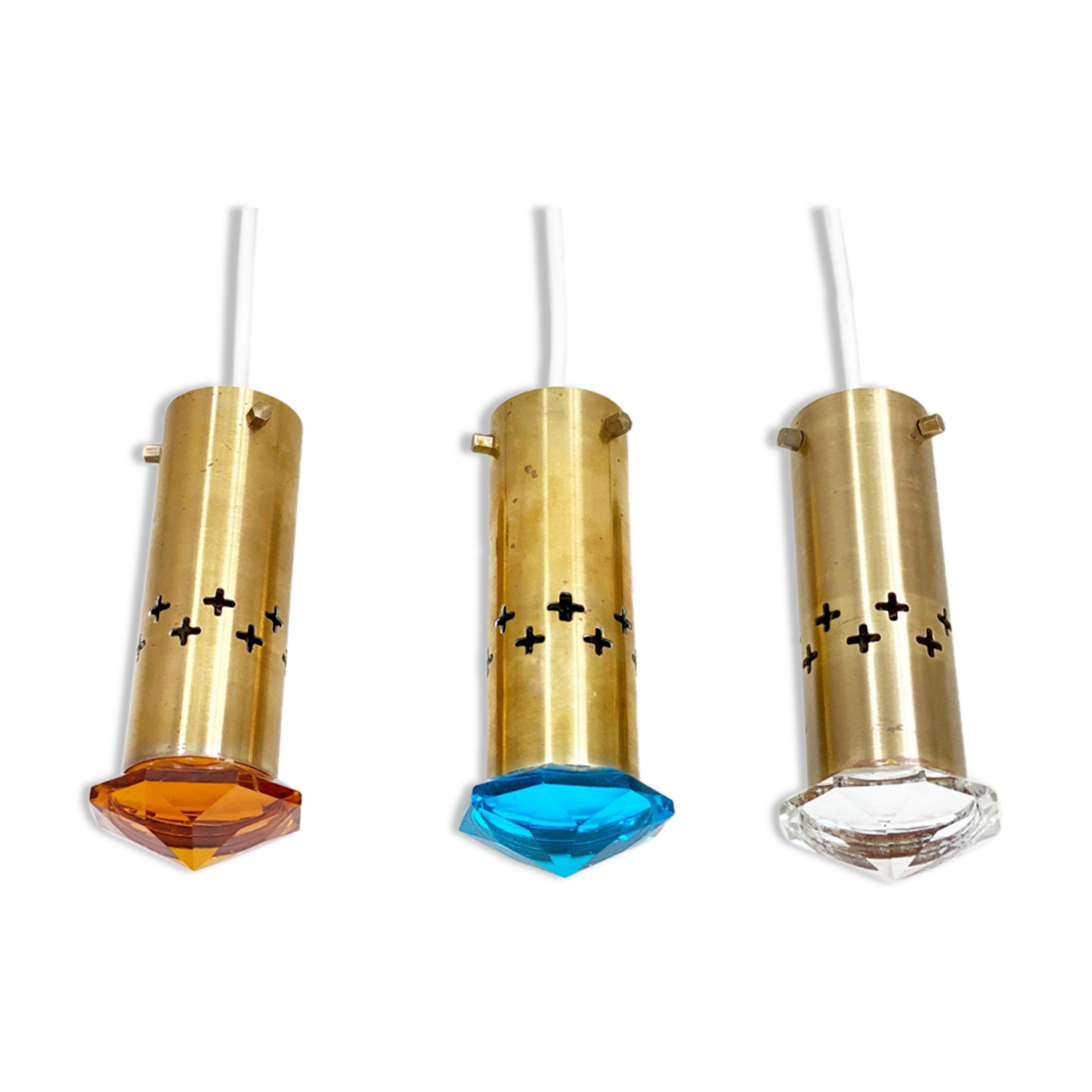 3 Mid Century Helmer Andersson for Örsjö hanging lamps, Brass and colored glass