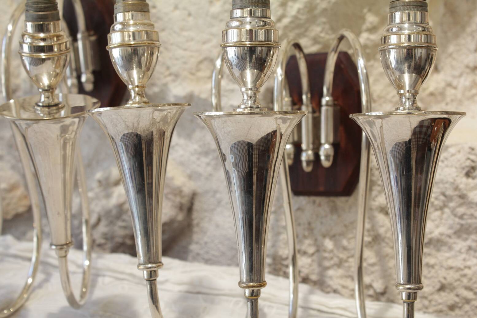 Pair of 3-arm wall lights in silver metal, 1940-1950