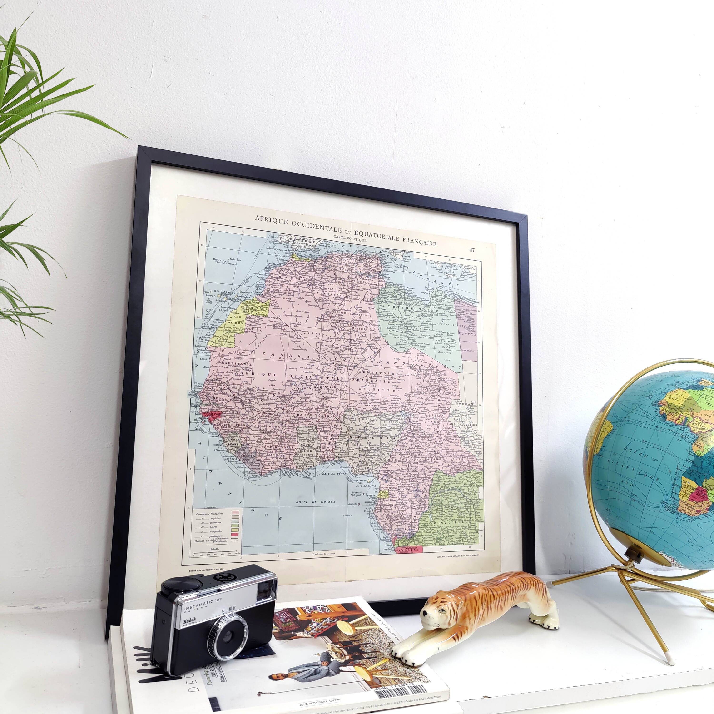 Antique map of French West and Equatorial Africa in 1950 43x43cm