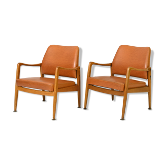 Pair of vintage Danish teak and leather armchairs