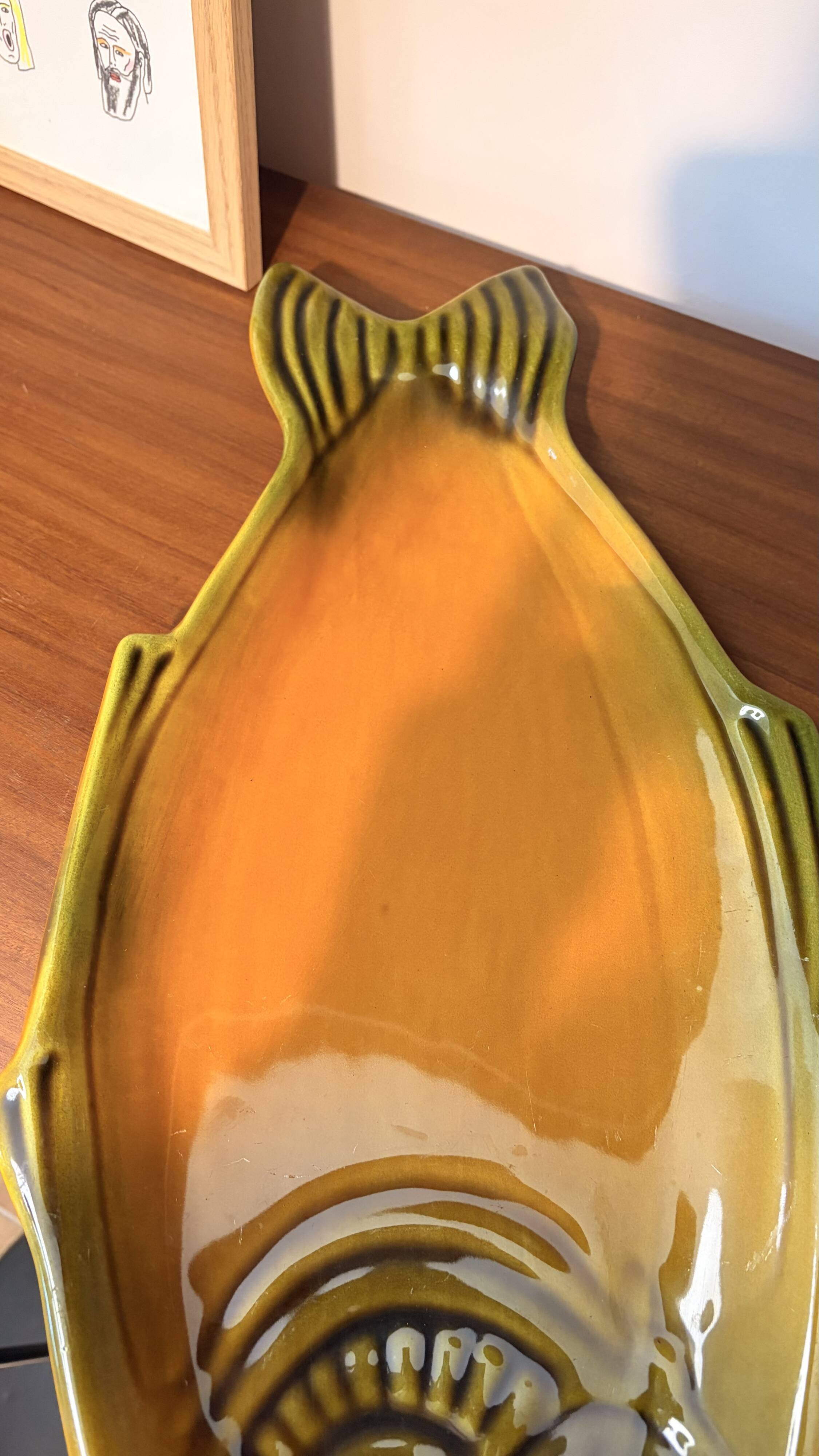 Large vintage fish platter in Vallauris earthenware, 1960s/70s, orange.