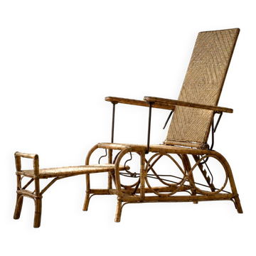 Vintage Rare German Rattan Armchair with Extendable Footrest,  1930s