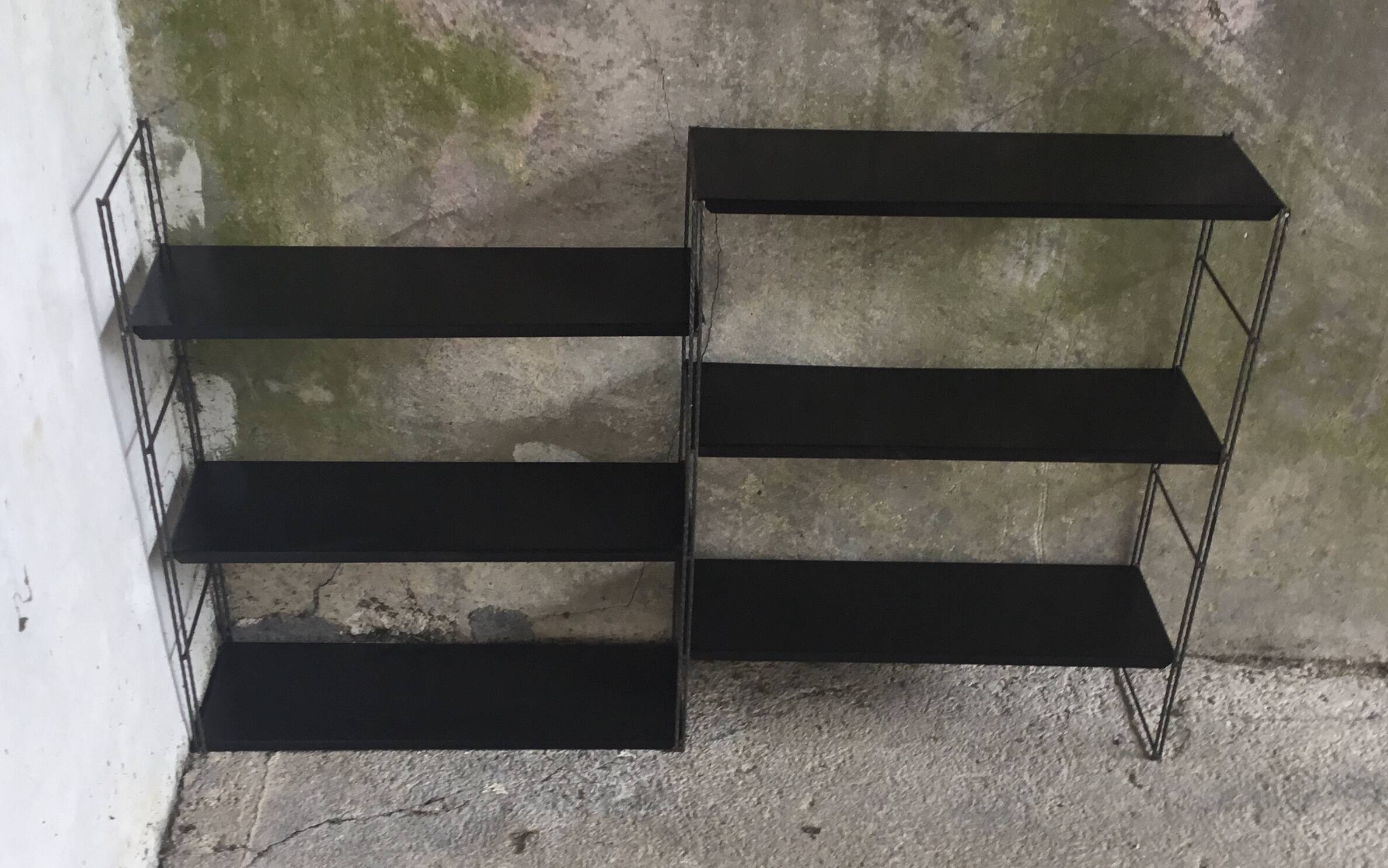 Double metal string shelf - 6 shelves, 3 uprights - vintage 1960