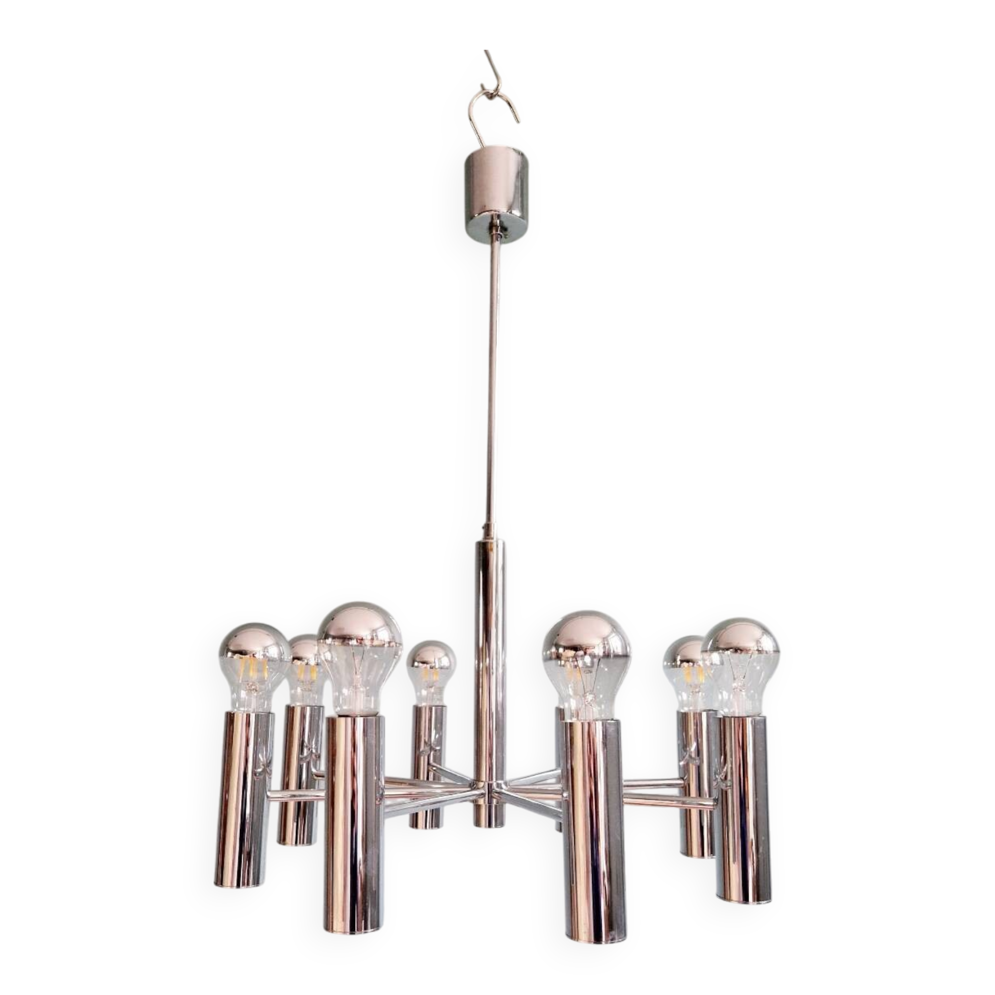 Space Age tubular chrome metal chandelier, 1970s