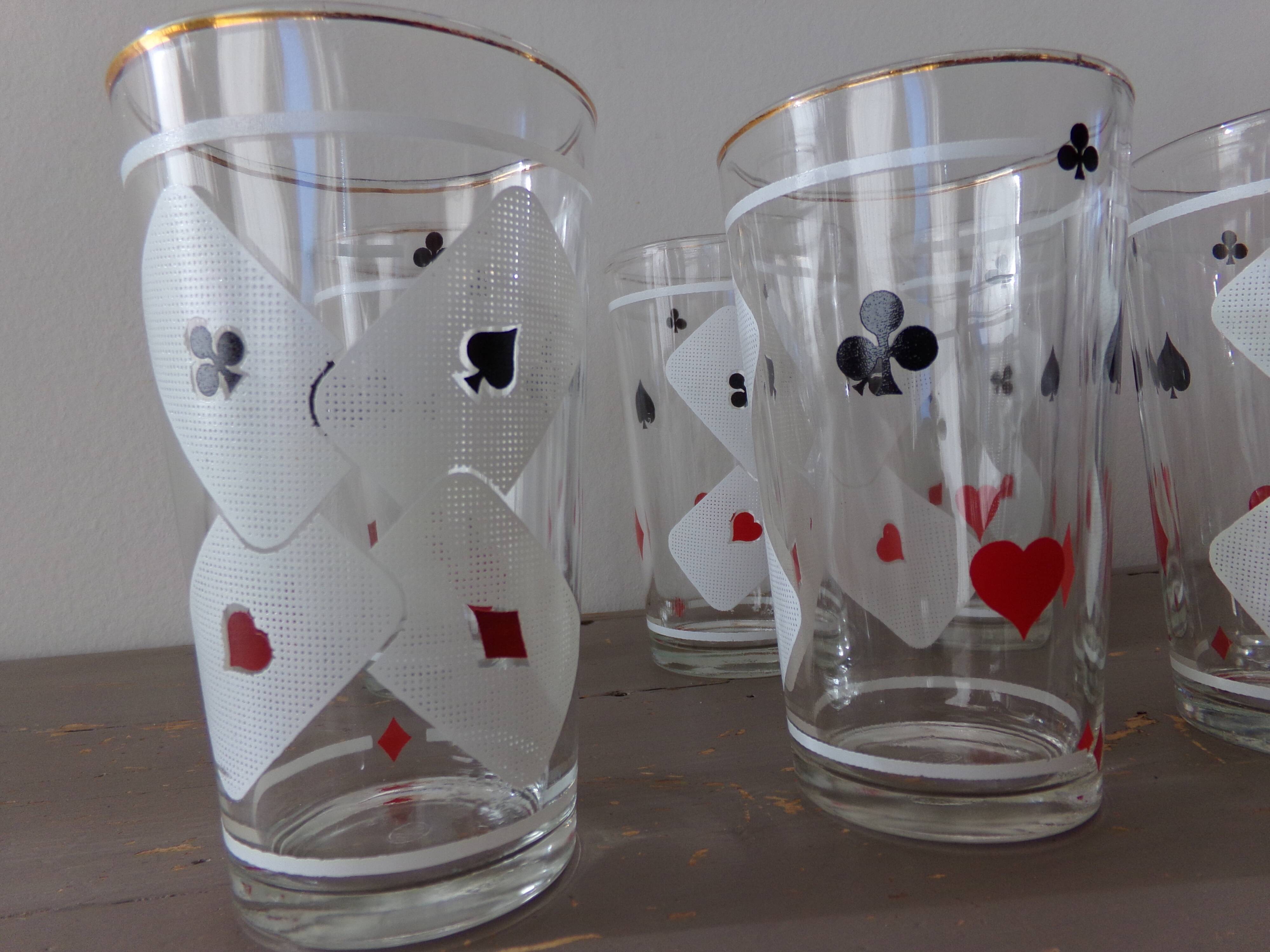 Lot of 6 glasses screen-printed vintage 60s card game