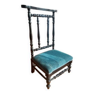 Antique prie-dieu chair in twisted black wood and blue velvet seat