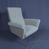 Pair of low armchairs in brass and textile. Italy 1950s