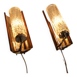 Pair of Swedish vintage wall lamps - elegant design in crystal glass, teak and chrome - 1960s.