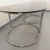 Large vintage modular oval dining table in smoked glass and chromed metal, Space Age style, 70s