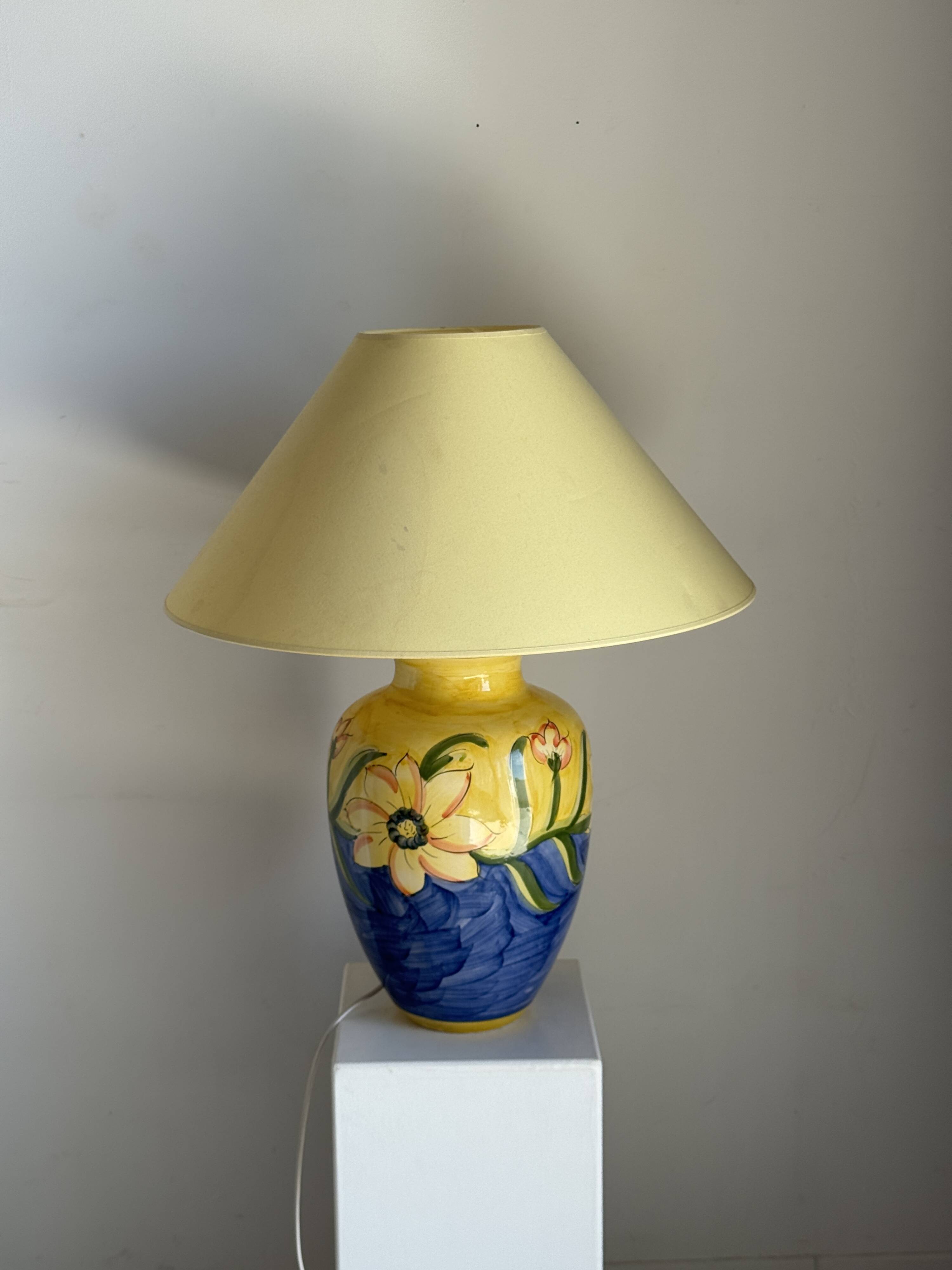 Large blue and yellow lamp with floral patterns H60