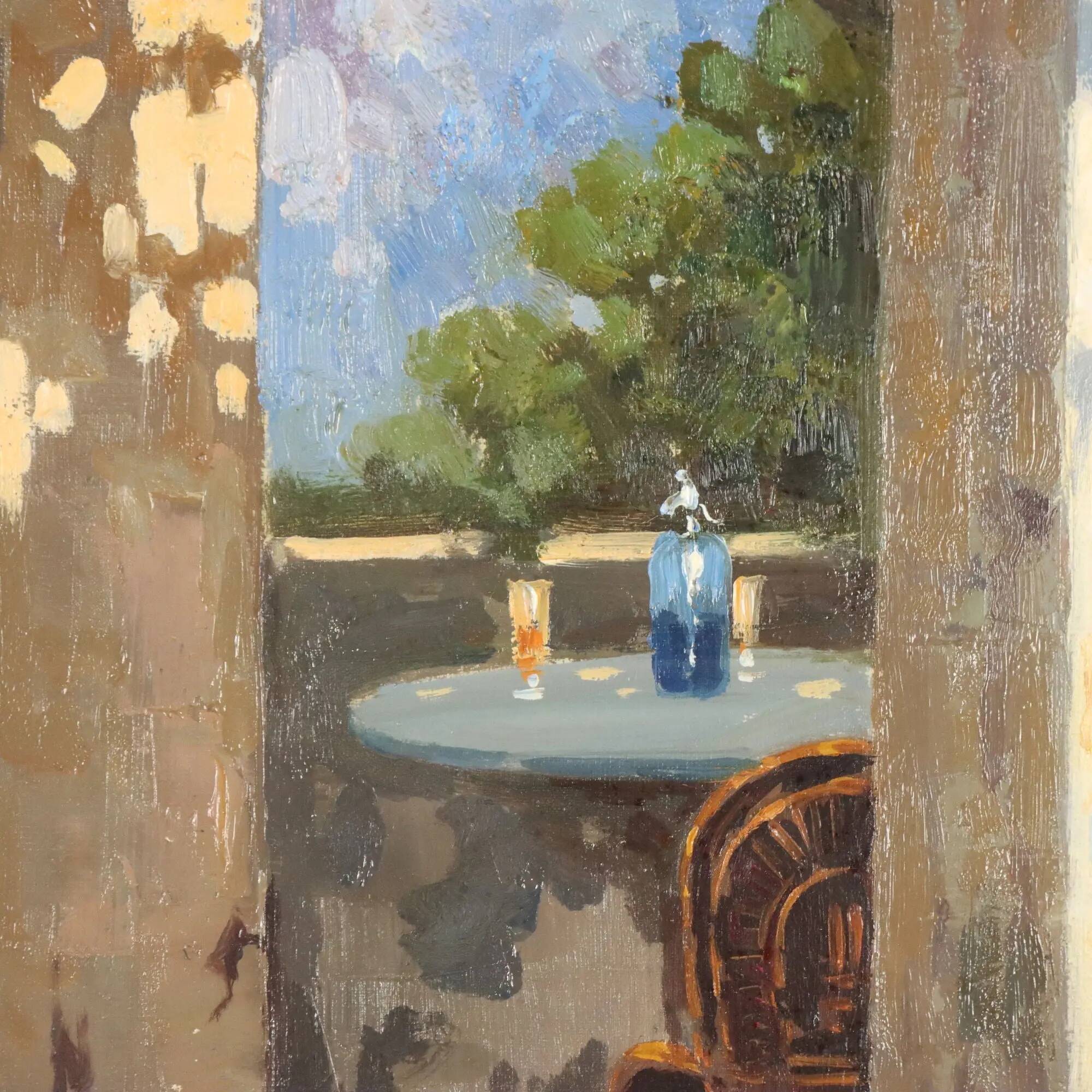 Old painting "The Porch" oil on canvas signed G. Esposito XX Century