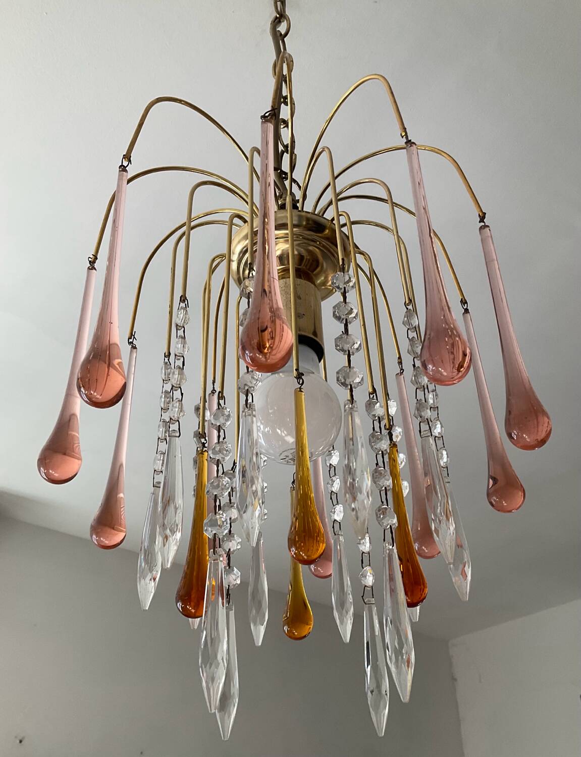Vintage brass chandelier with glass drop pendants