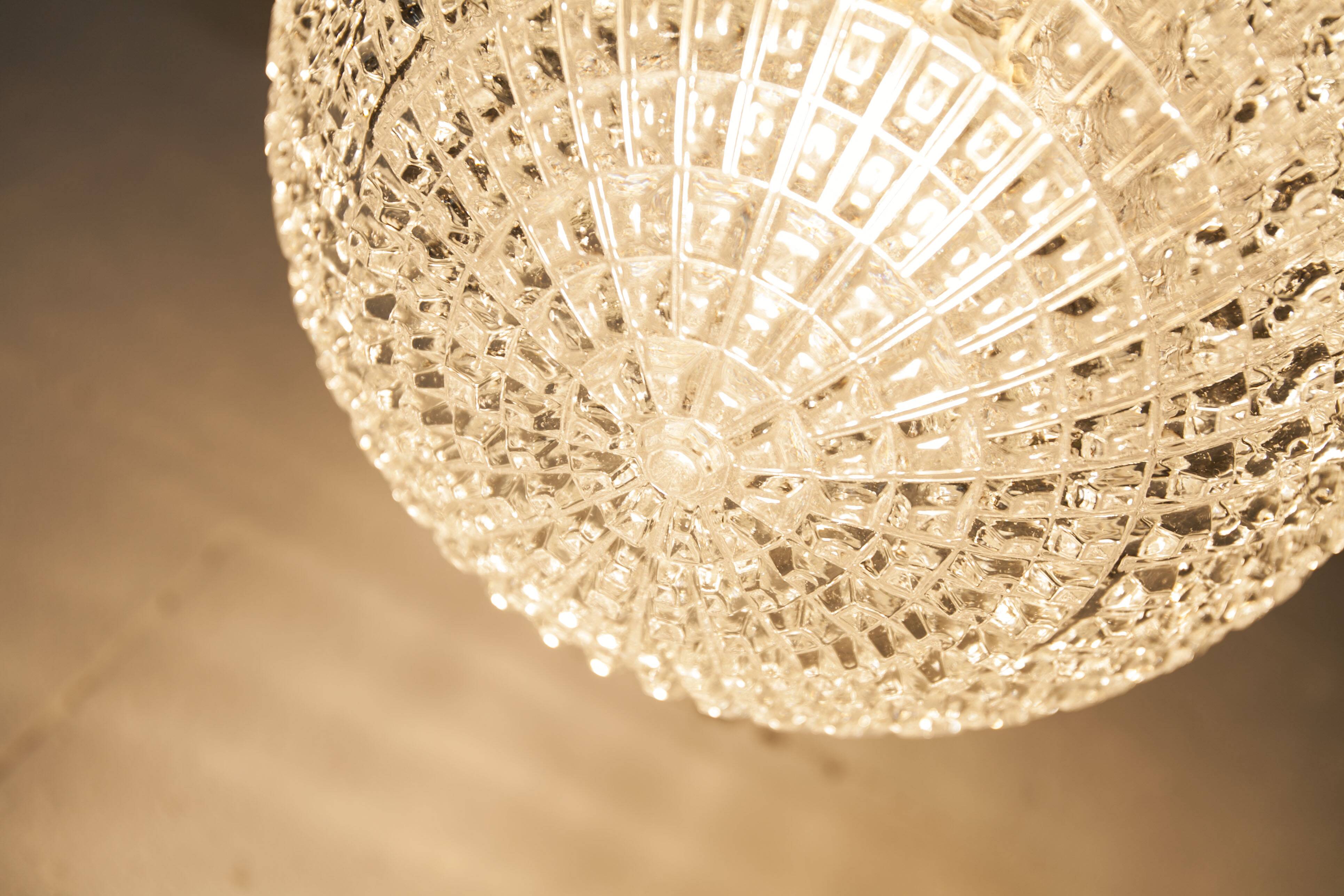 1960s Holophane Ball Pendant Chandelier, Thick Glass, 30 cm, and Vintage Brass