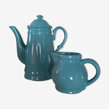 Blue ceramic coffee maker and milk jug