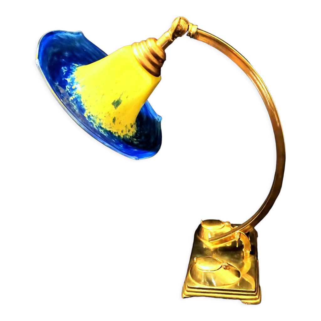 Lampe artnouveau pied col de cygne deux encriers bronze et son abat